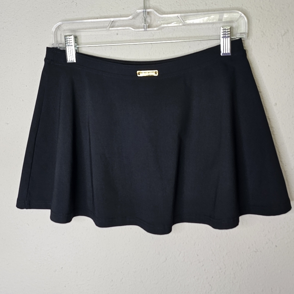 Michael‎ Kors Womens Black Swim Skirt Gold Logo Plaque Size S Nylon Stretch